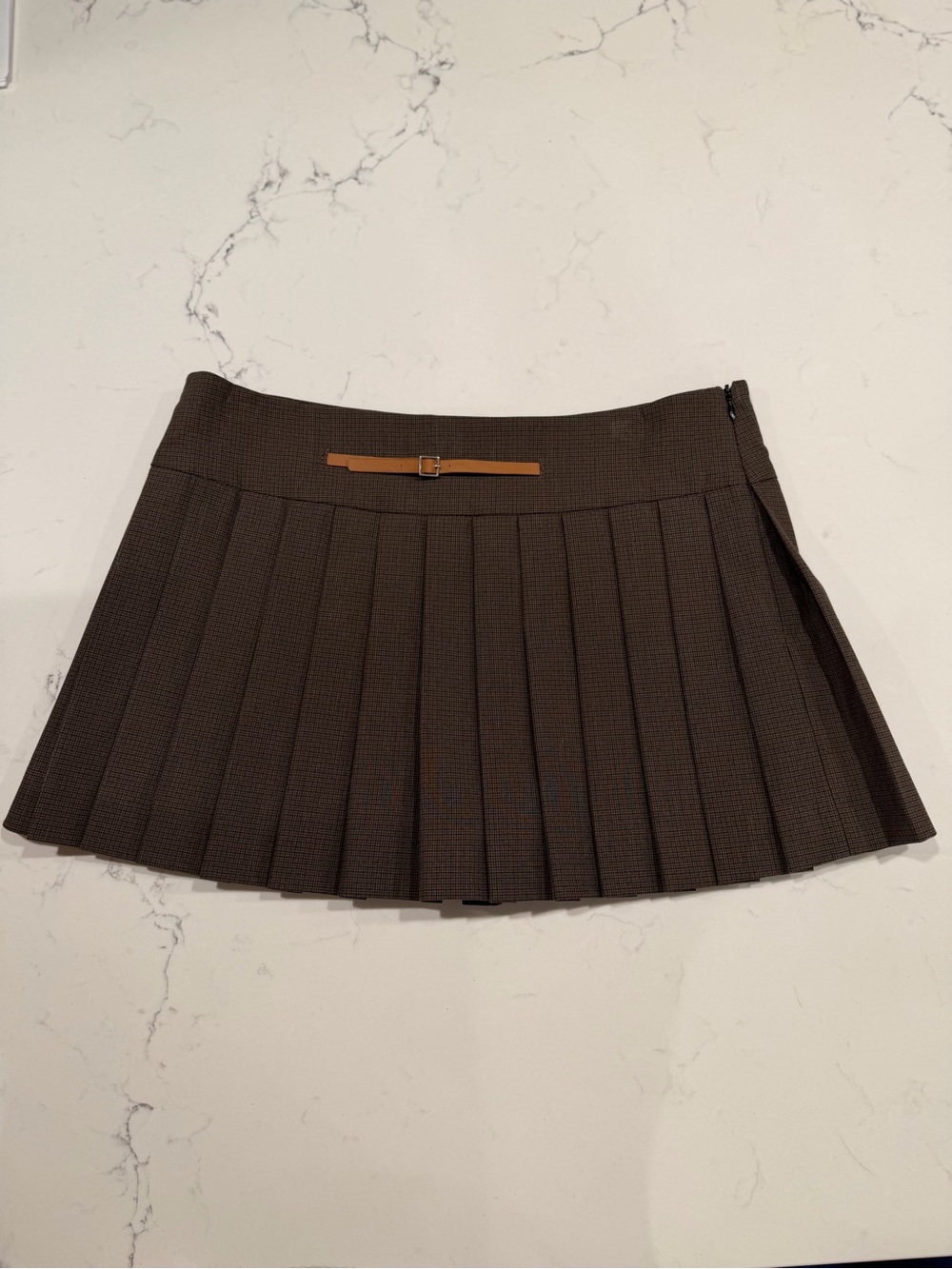 Zara Brown Pleated Mini Skirt with Tan Belt Accent